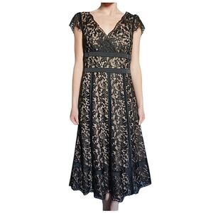 Loft Ann Taylor Black Lace Overlay Midi Dress Size 0P Fit And Flare LBD